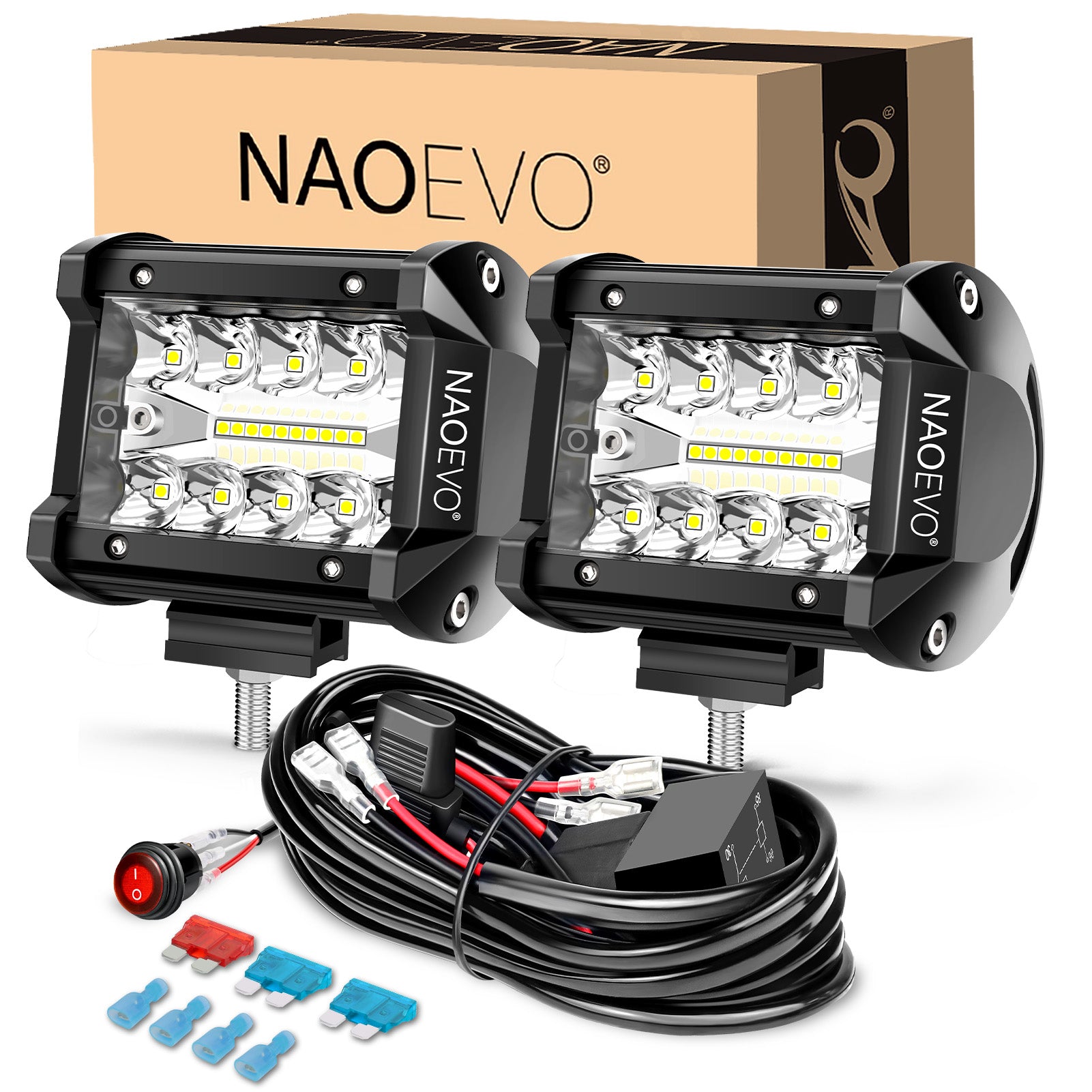 NAOEVO 4 Inch LED Pod Lights, Spot Flood LED Fog/Driving/Off Road Lights with 2 Leads Wiring Harness, Cube Pods for Truck Boat ATV UTV, 2 Pcs (White) NAOEVO 4 Inch LED Pod Lights, Spot Flood LED Fog/Driving/Off Road Lights with 2 Leads Wiring Harness, Cube Pods for Truck Boat ATV UTV, 2 Pcs (White)