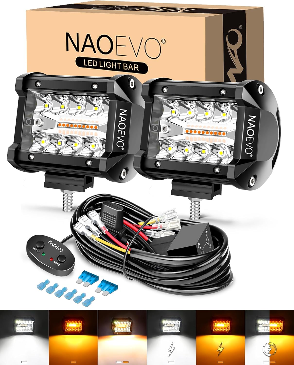 4 Inch LED Pod Lights White Amber with Wiring Harness