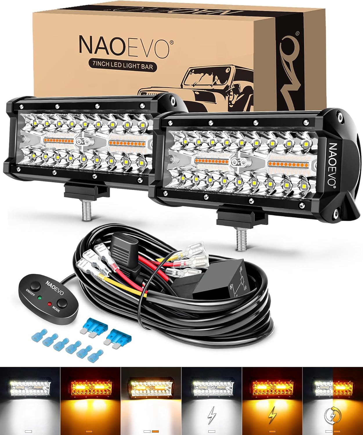 7 Inch LED Light Bar White Amber Strobe 6 Modes with Wiring Harness
