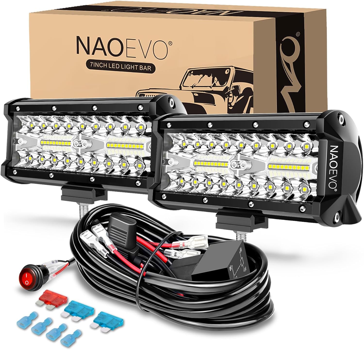 7 Inch LED Light Bar 240W 24,000LM White with 2 Leads Wiring Harness Kit