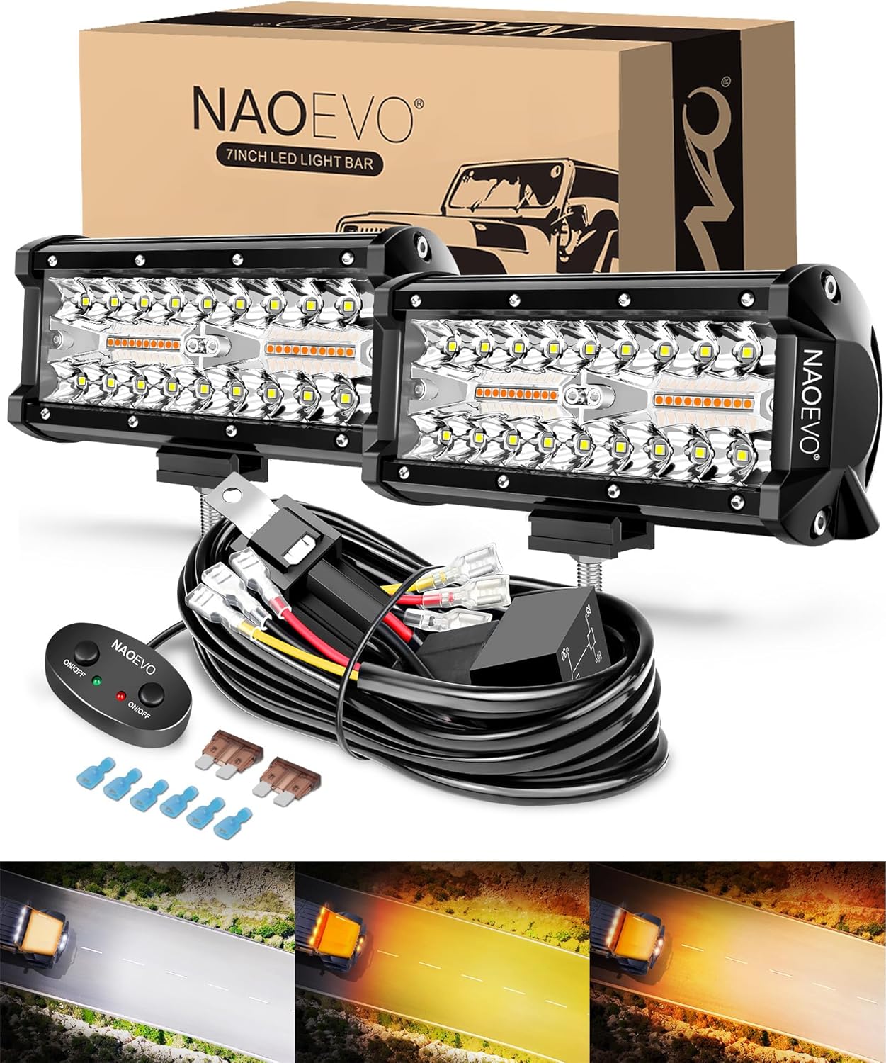 7 Inch LED Light Bar White/Amber/White&Amber with Wiring Harness Kit