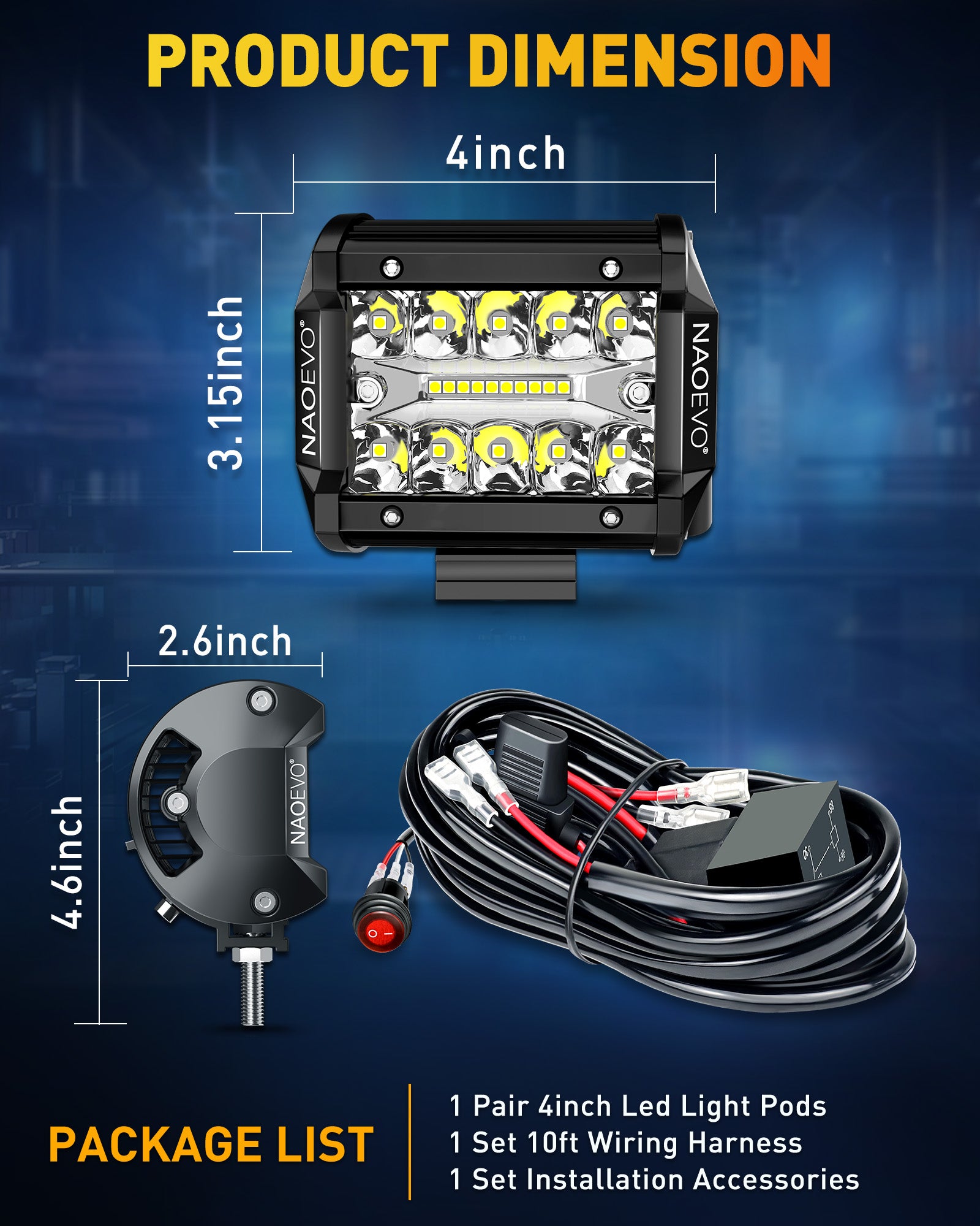 NAOEVO 4 Inch LED Pod Lights, Spot Flood LED Fog/Driving/Off Road Lights with 2 Leads Wiring Harness, Cube Pods for Truck Boat ATV UTV, 2 Pcs (White) NAOEVO 4 Inch LED Pod Lights, Spot Flood LED Fog/Driving/Off Road Lights with 2 Leads Wiring Harness, Cube Pods for Truck Boat ATV UTV, 2 Pcs (White)