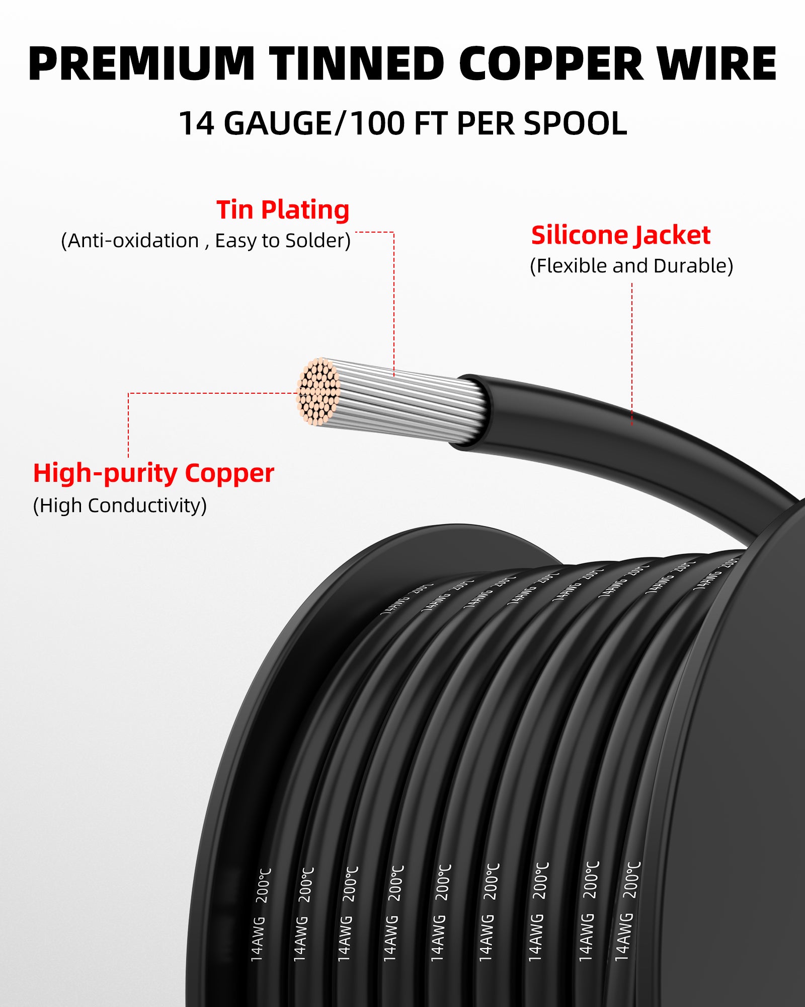 NAOEVO 14 Gauge Wire 600ft, 14 AWG Wire 6 Colors 100ft Each Spool, Flexible Silicone Tinned Copper Electrical Cable