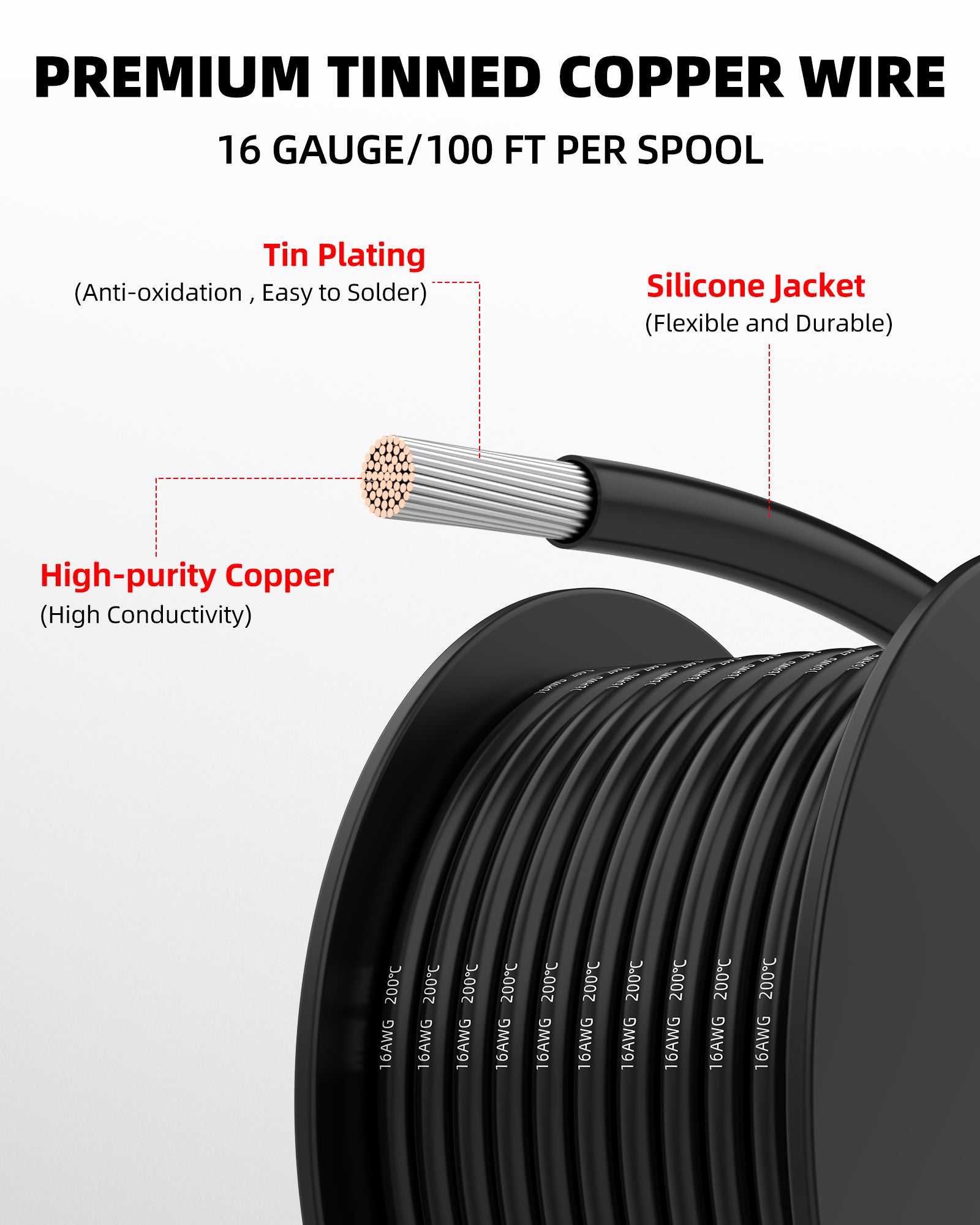 NAOEVO 16 Gauge Wire 600ft, 16 AWG Wire 6 Colors 100ft Each Spool, Flexible Silicone Tinned Copper Electrical Cable