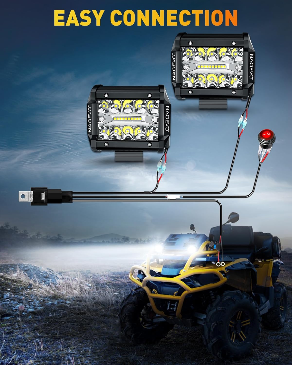 wiring led pods to fog lights 4 Inch LED Pod Lights 120W White with Wiring Harness – NAOEVO