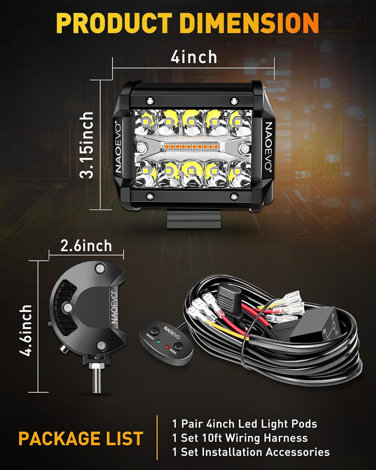 4 inch LED Pod Lights White Amber with Wiring Harness 4 inch LED Pod Lights White Amber with Wiring Harness