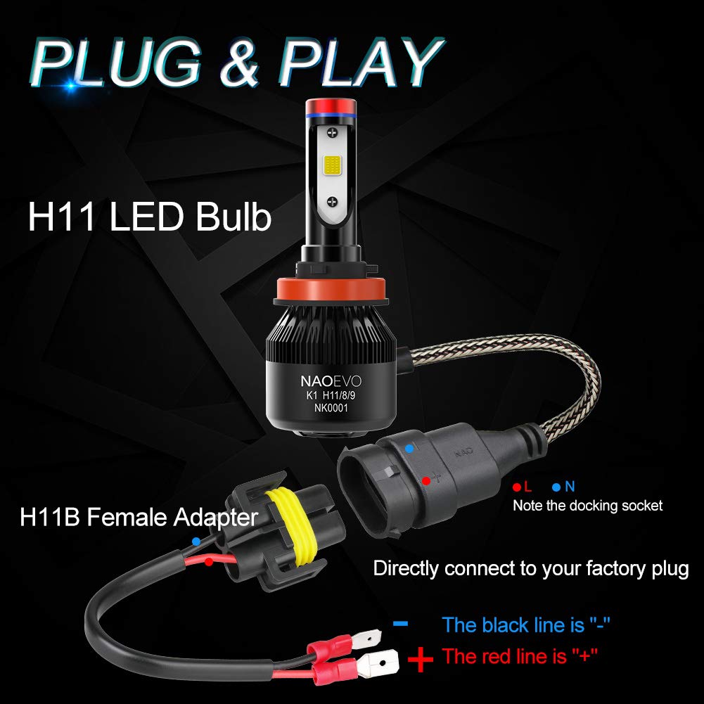 H11B LED Headlight Bulb 60W 6400LM 6500K White | NAOEVO K1 Series