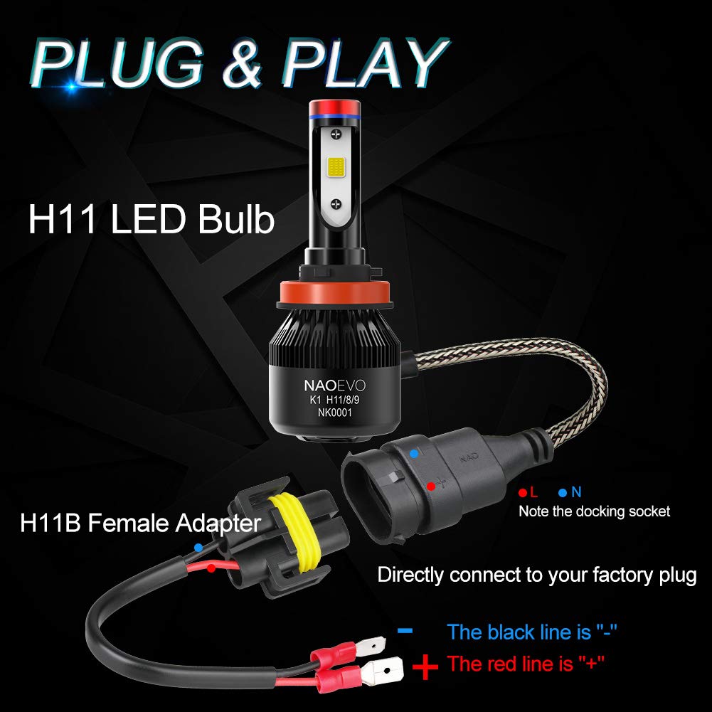 H11 H8 H9 LED Headlight Bulb 60W 6400LM 6500K White | NAOEVO K1 Series