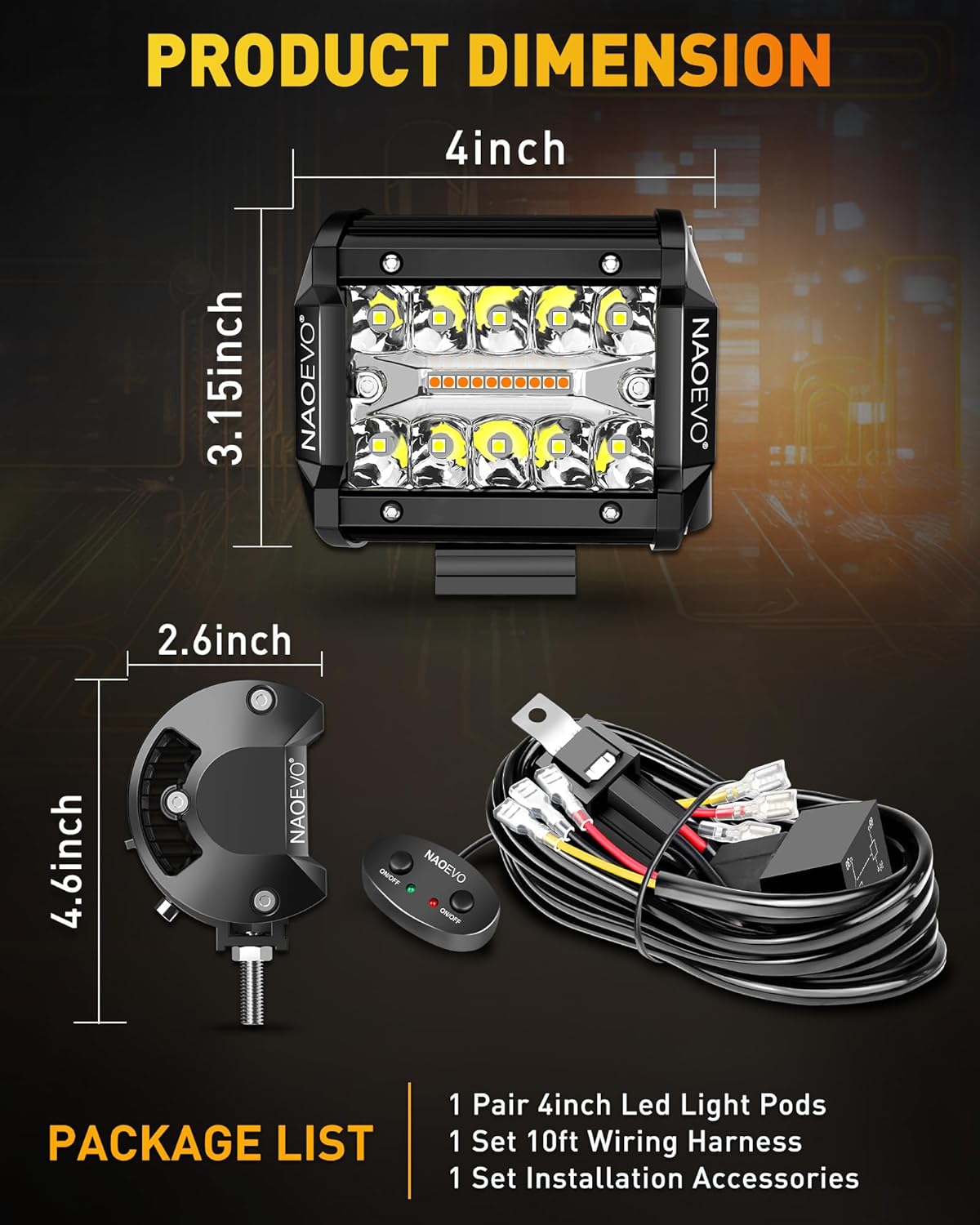 NAOEVO 4 Inch LED Pod Lights White Amber 3 Modes
