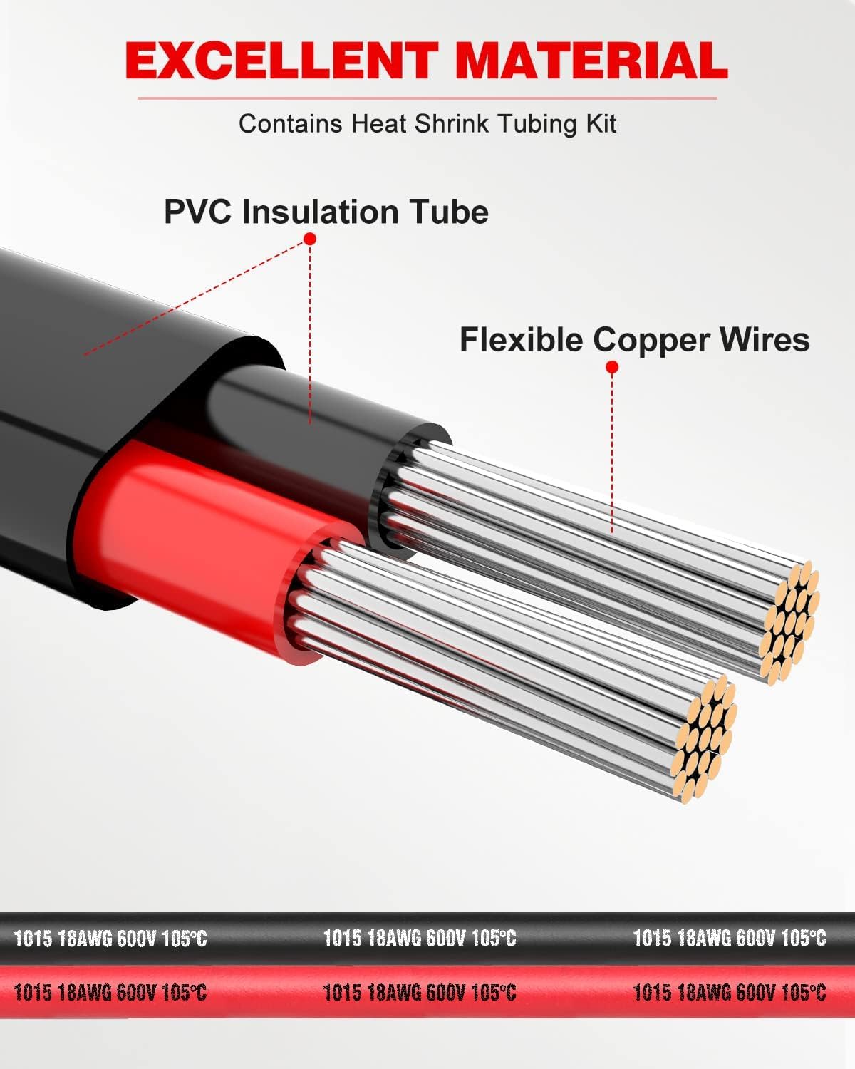 18 Gauge AWG Stranded Copper Primary Wire – 4 Colors (White, Green, Red, Black), 50ft Each, 600/1000V