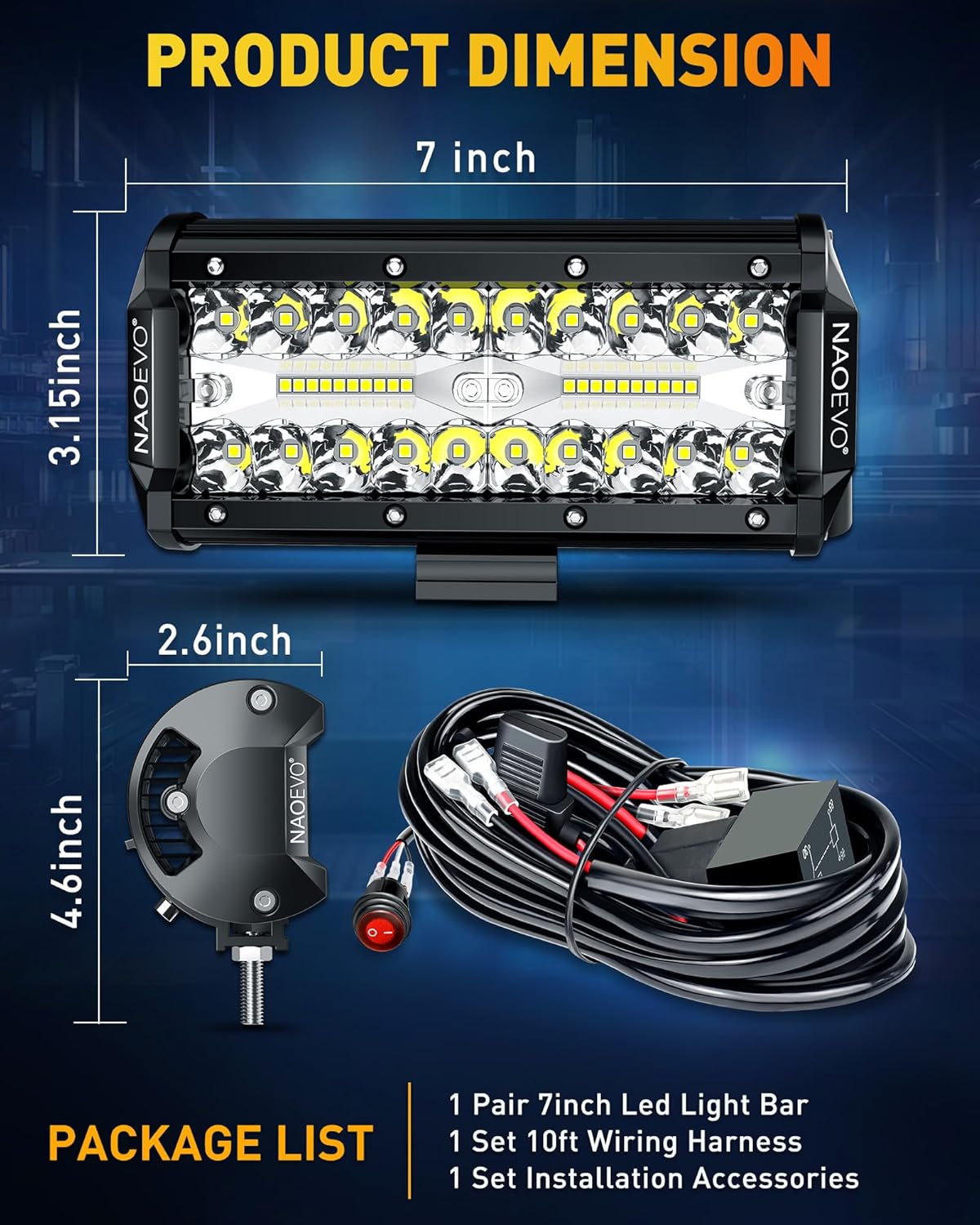 7 Inch LED Light Bar 240W 24,000LM White with 2 Leads Wiring Harness K ...