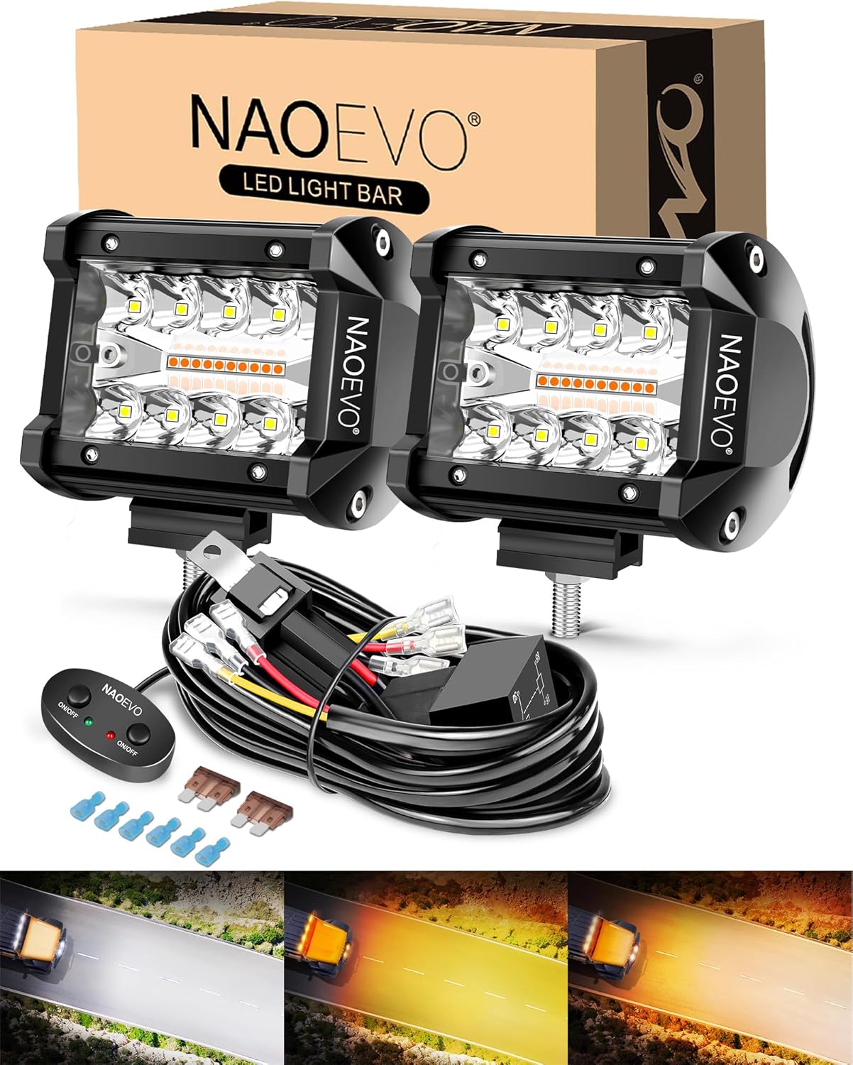 NAOEVO 4 Inch LED Pod Lights White Amber 3 Modes