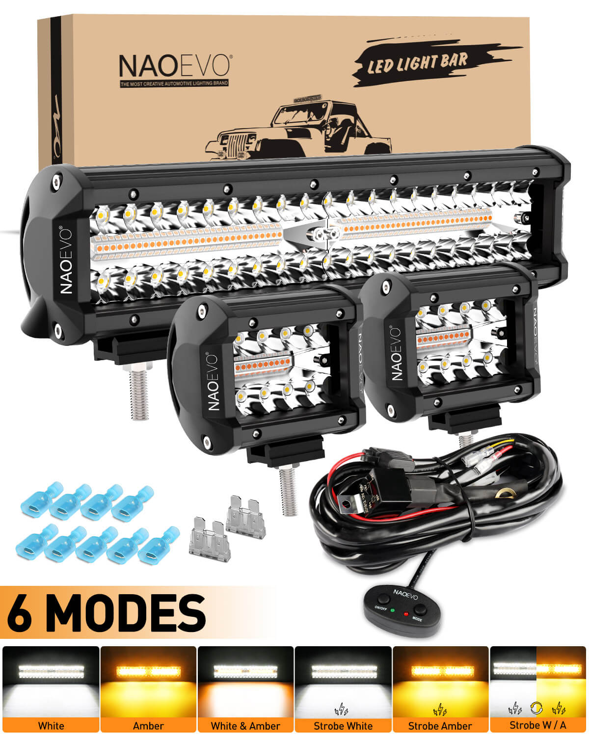 Package 12 Inch and 2PCS 4 Inch Amber White LED Light Bar | Naoevo