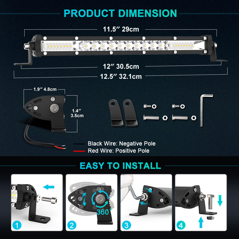 12 inch 160W White Slim LED Light Bar Spot Flood Combo - NAOEVO