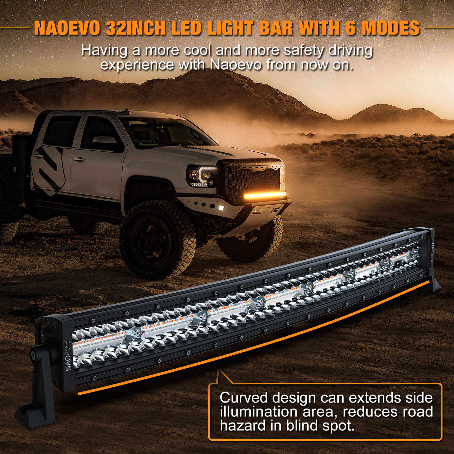 naoevo LED Light Bar, 2 Color 6 Lighting Modes Amber White Waterproof 7  Inch 240W 24000lm