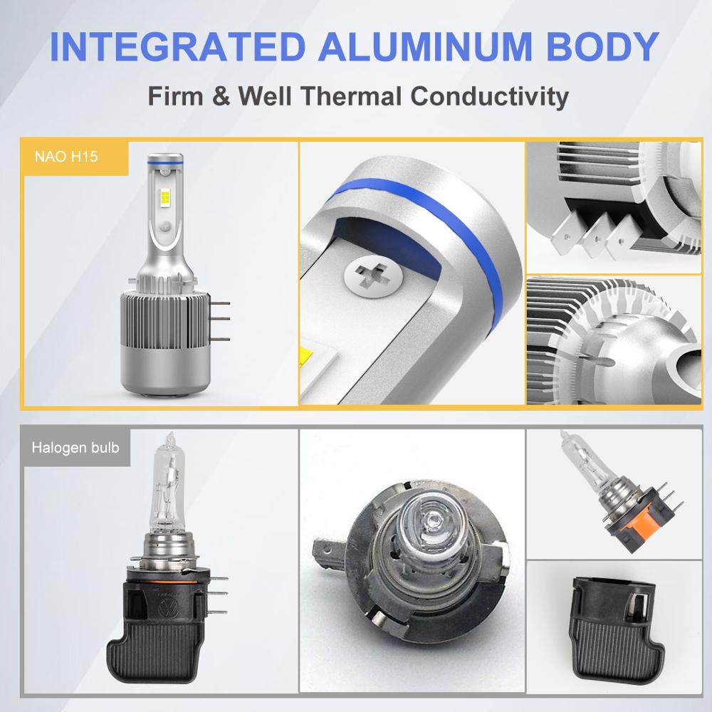 H15 LED Headlight Bulbs High Beam with DRL Super Bright White 6000K 72W 7600lm - NAOEVO