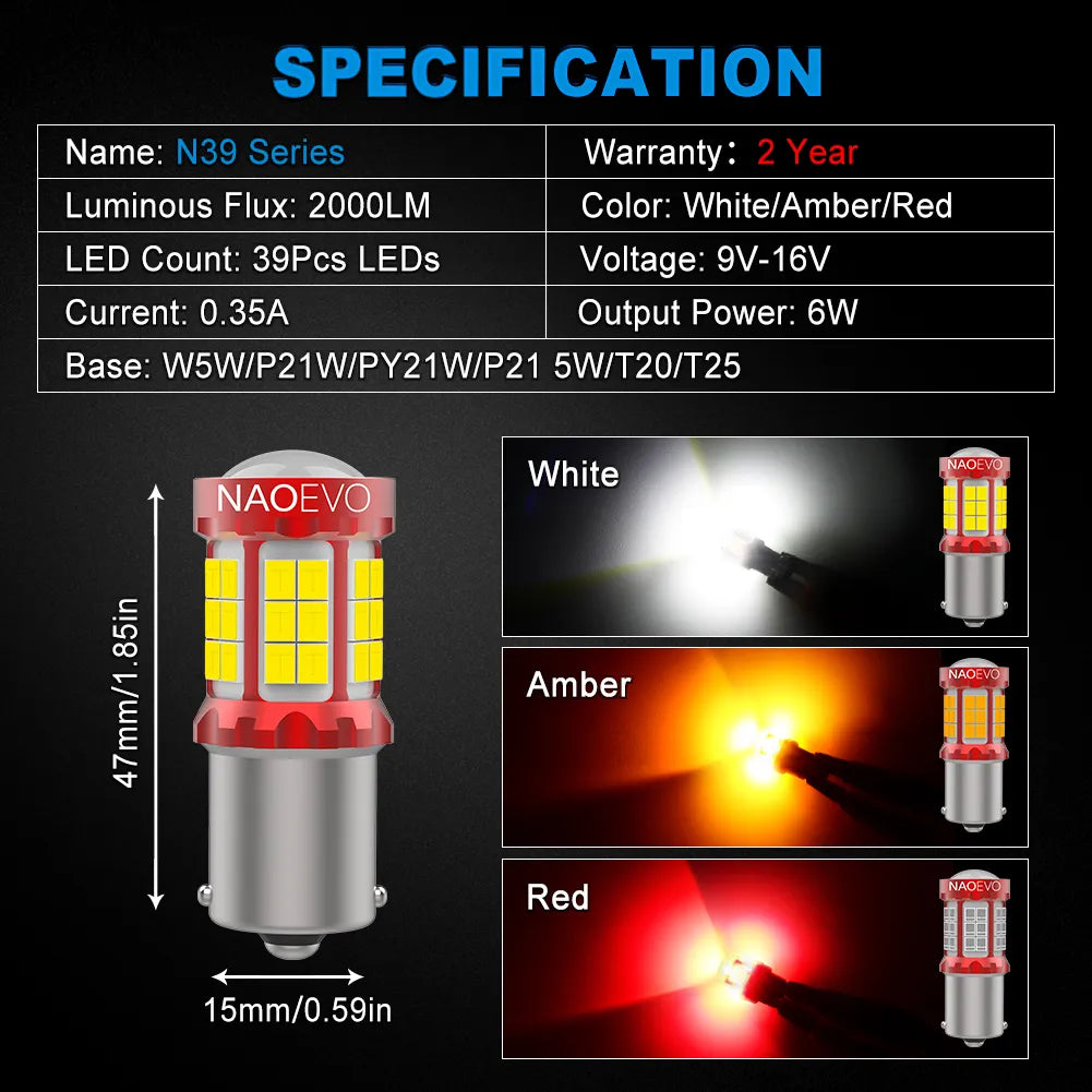 BA15S 1156 LED Lights Bulbs 2835 39-SMD, White/Red/Amber Yellow