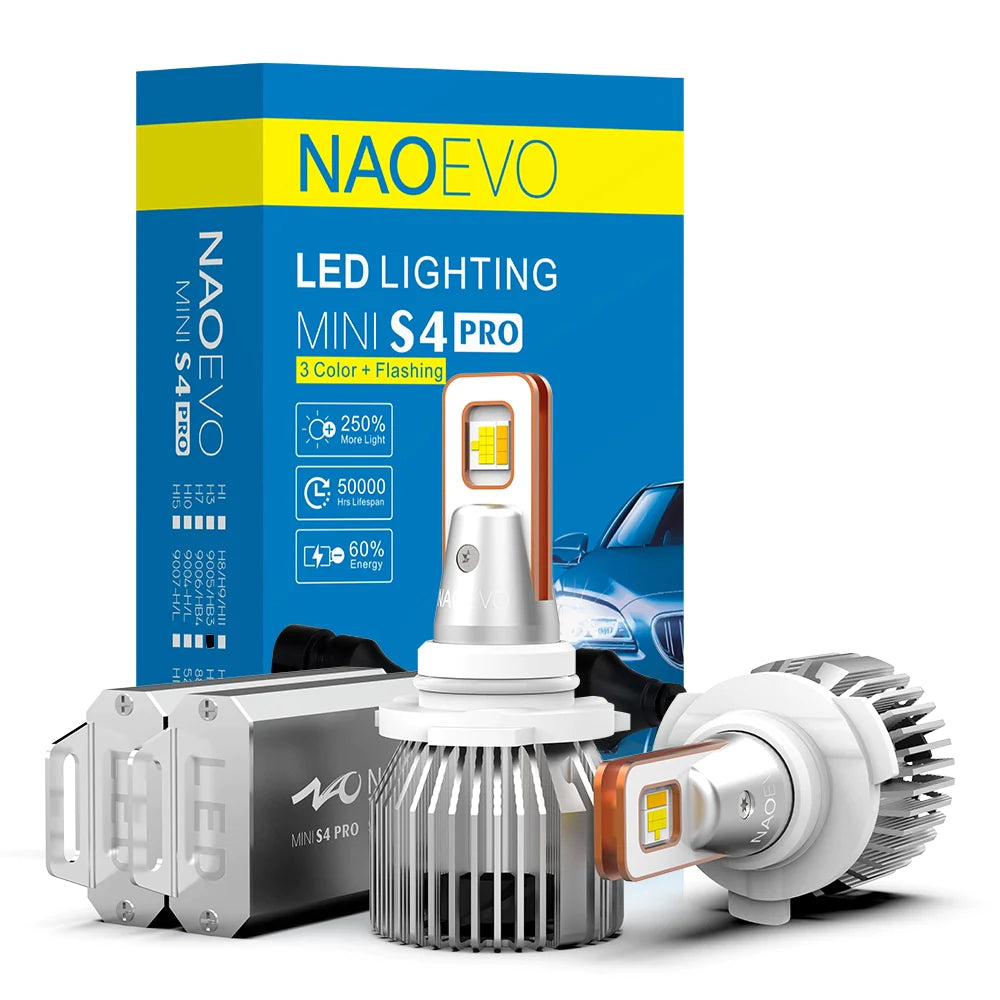 3 Colors 9005 LED Headlight Bulb For Rainy Snoy Foggy | NAOEVO S4 PRO Series, 2 Bulbs
