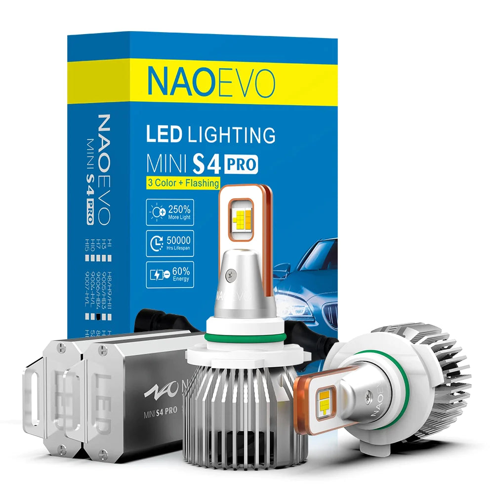 3 Colors 9006 LED Headlight Bulb For Rainy Snoy Foggy | NAOEVO S4 PRO Series, 2 Bulbs