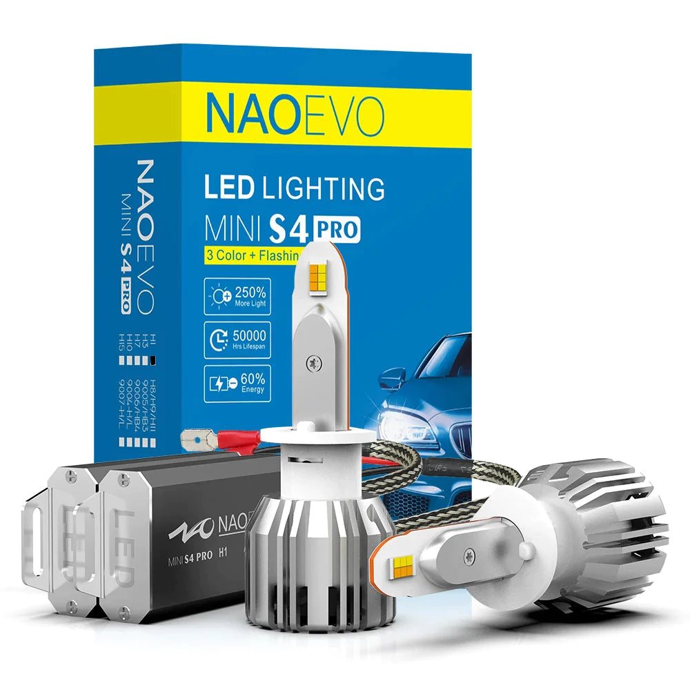 3 Colors H1 LED Headlight Bulb 6500k 4300k 3000k | NAOEVO S4 PRO Series, 2 Bulbs