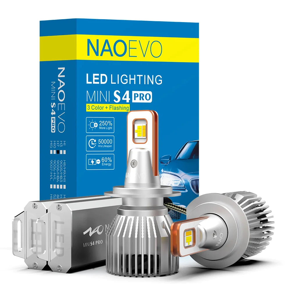 3 Colors H7 LED Headlight Bulb For Rainy Snowy | NAOEVO S4PRO Series, 2 Bulbs